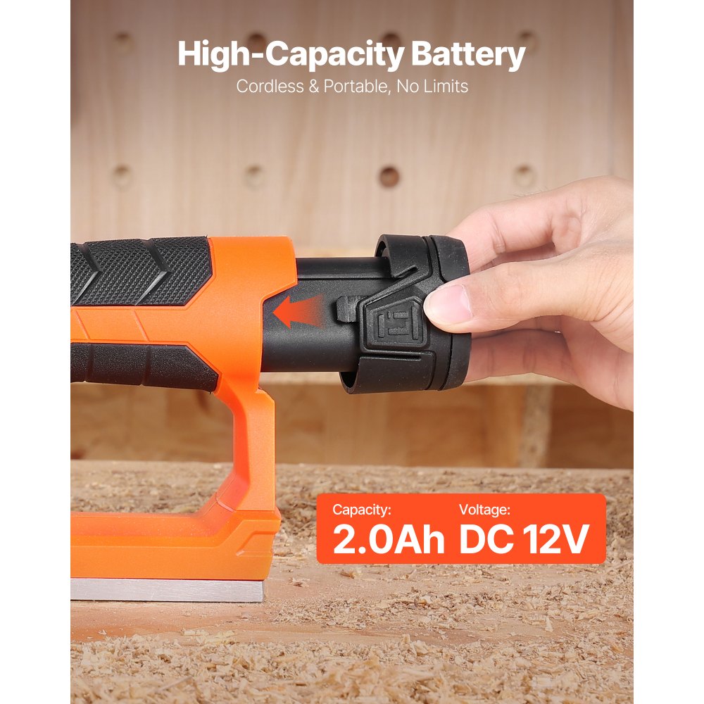 VEVOR Cordless Handheld Planer, 2-1/5-Inch Cut Width, 14500 RPM Electric Hand Wood Planer with 2 Ah 12V Lithium Battery, Brushless Motor, Adjustable Cut Depth, 2 Blades, for Woodworking Wood Chamfer