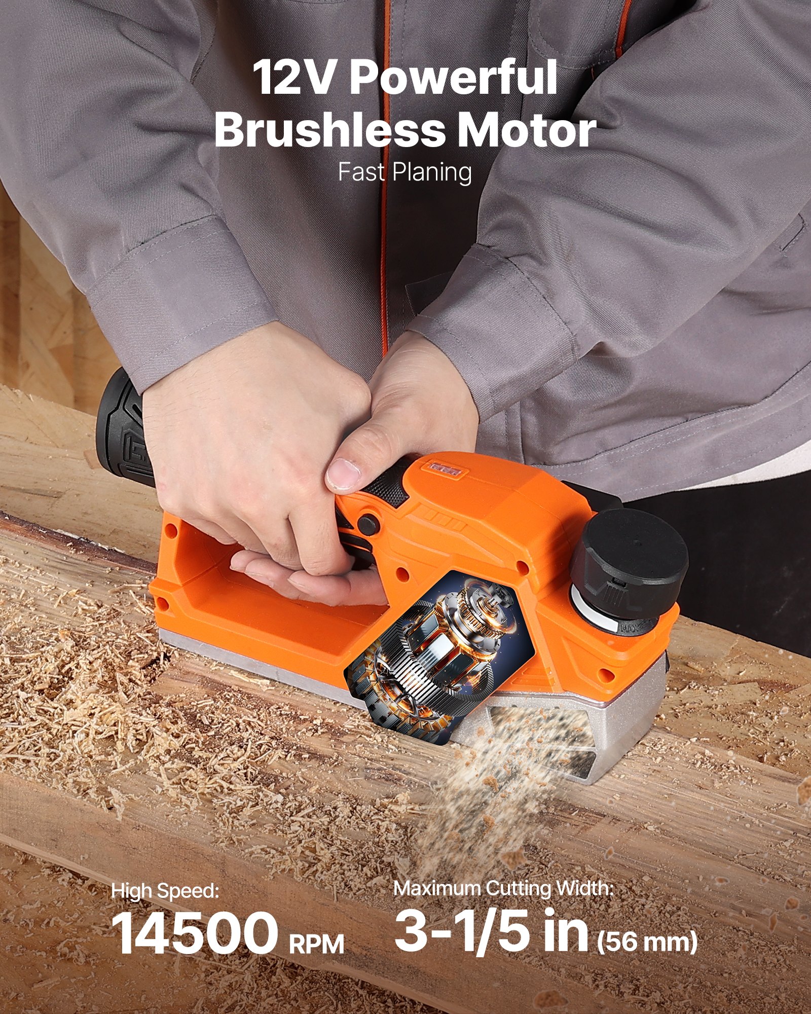 VEVOR Cordless Handheld Planer, 2-1/5-Inch Cut Width, 14500 RPM Electric Hand Wood Planer with 2 Ah 12V Lithium Battery, Brushless Motor, Adjustable Cut Depth, 2 Blades, for Woodworking Wood Chamfer