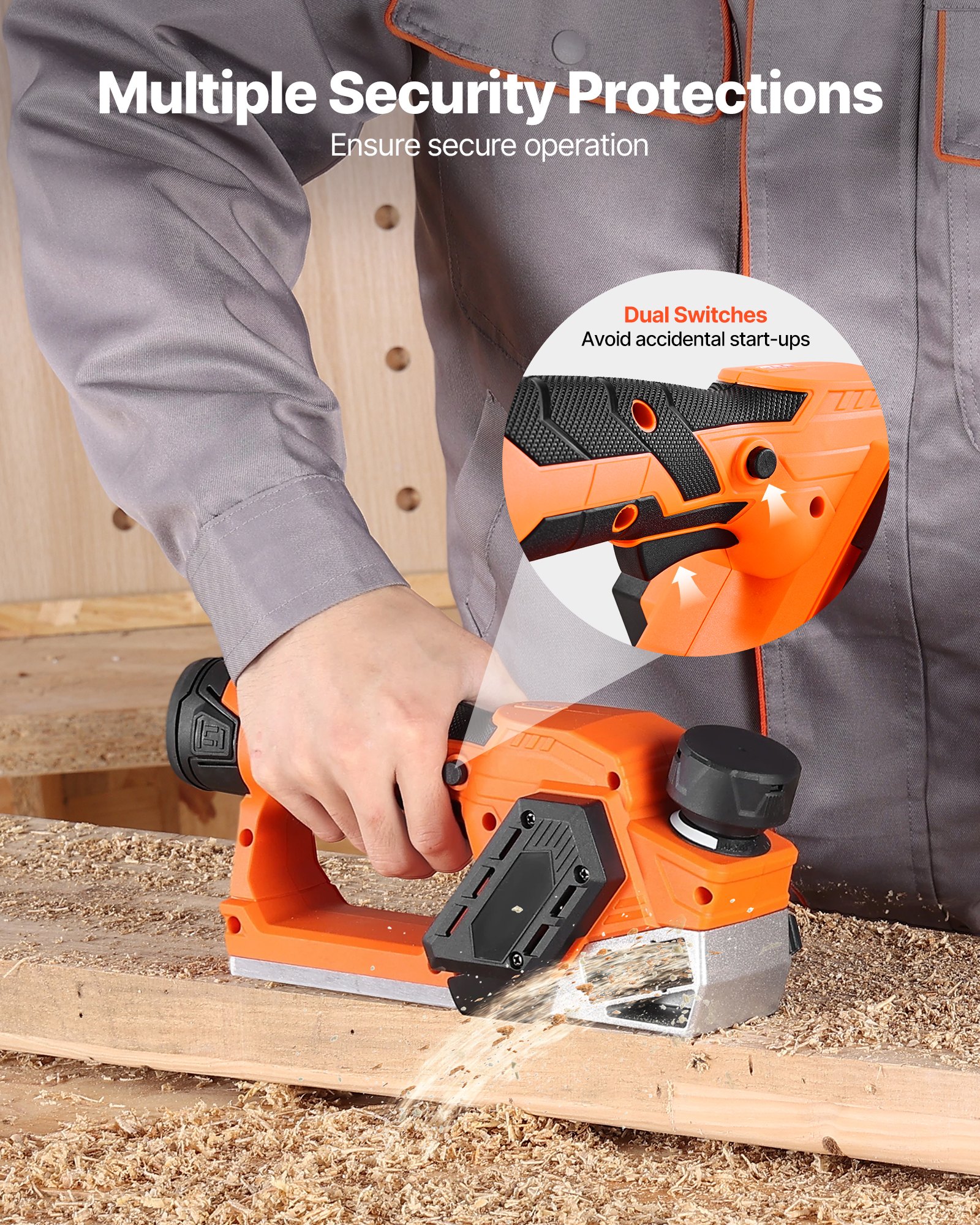 VEVOR Cordless Handheld Planer, 2-1/5-Inch Cut Width, 14500 RPM Electric Hand Wood Planer with 2 Ah 12V Lithium Battery, Brushless Motor, Adjustable Cut Depth, 2 Blades, for Woodworking Wood Chamfer