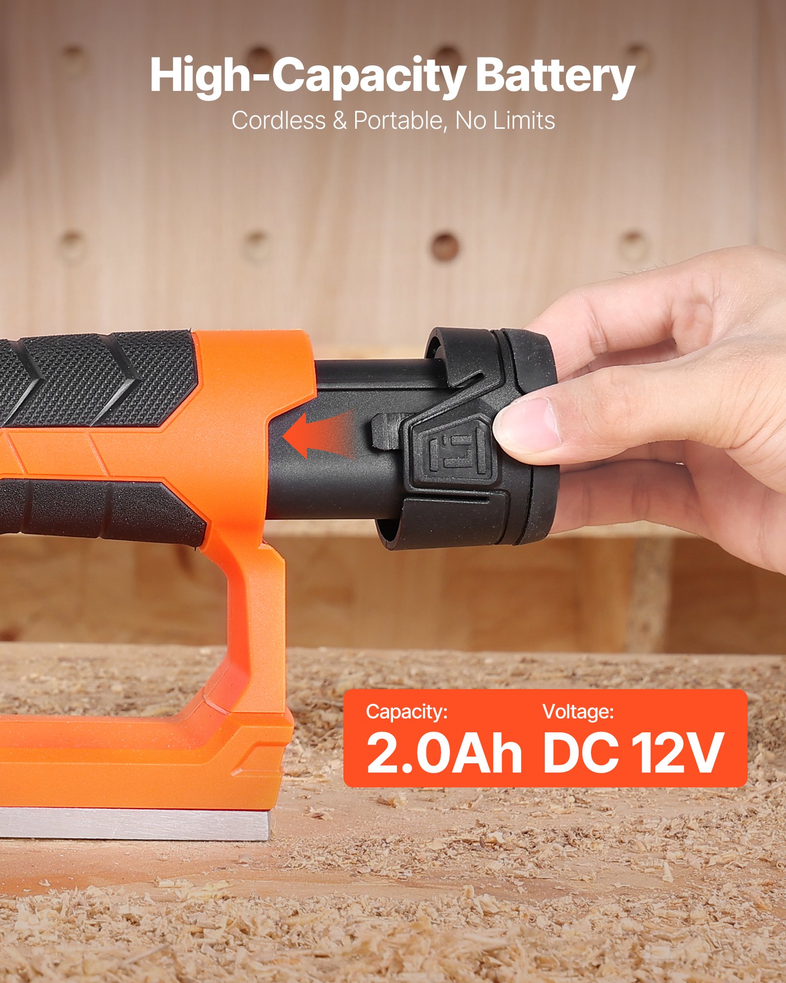 VEVOR Cordless Handheld Planer, 2-1/5-Inch Cut Width, 14500 RPM Electric Hand Wood Planer with 2 Ah 12V Lithium Battery, Brushless Motor, Adjustable Cut Depth, 2 Blades, for Woodworking Wood Chamfer
