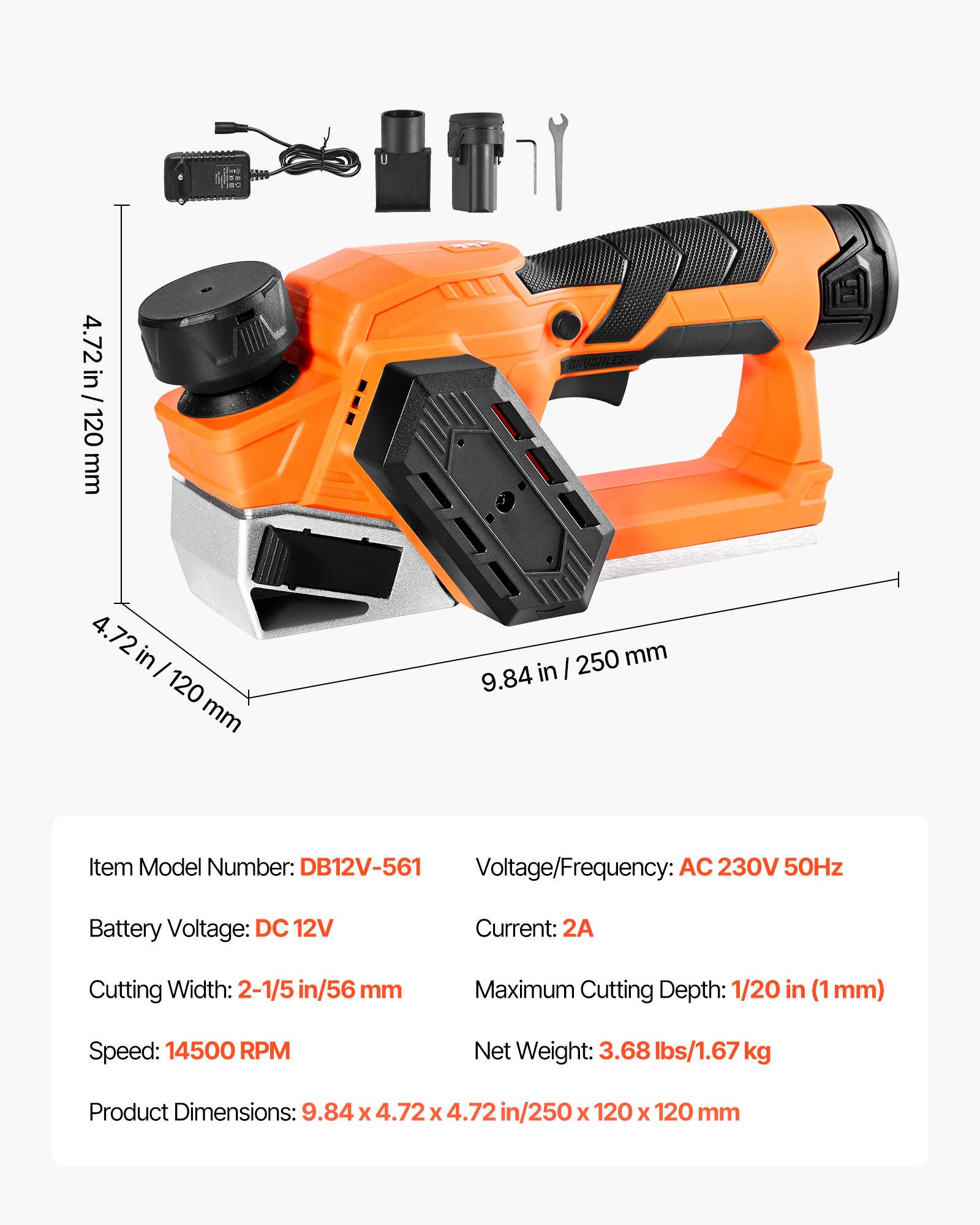 VEVOR Cordless Handheld Planer, 2-1/5-Inch Cut Width, 14500 RPM Electric Hand Wood Planer with 2 Ah 12V Lithium Battery, Brushless Motor, Adjustable Cut Depth, 2 Blades, for Woodworking Wood Chamfer