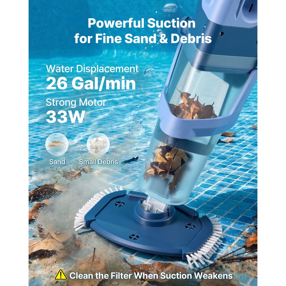VEVOR Handheld Pool Vacuum, 26 GPM Cordless Spa Hot Tub Vacuum with Extension Pole, 60 Mins Running Time, Powerful Suction for Leaves and Debris, Rechargeable Pool Cleaner for Above Ground Pools