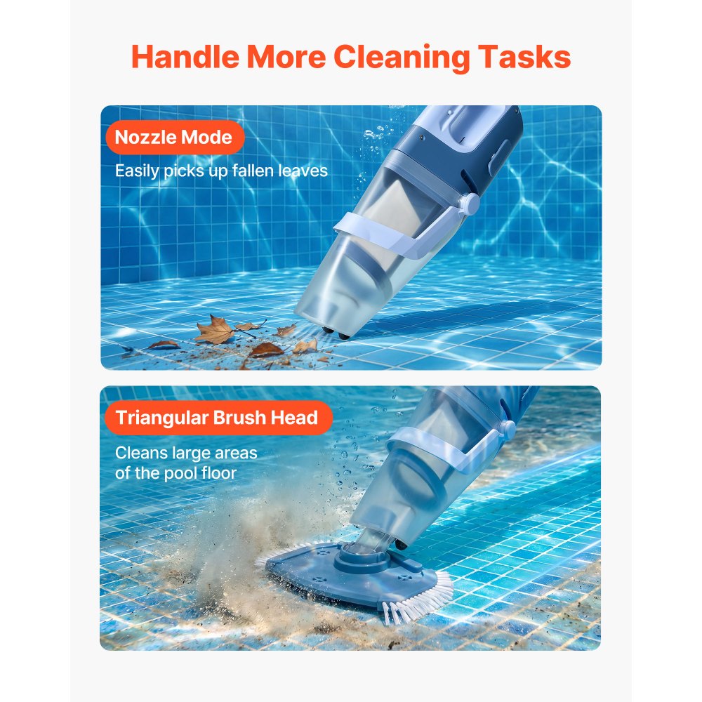 VEVOR Handheld Pool Vacuum, 26 GPM Cordless Spa Hot Tub Vacuum with Extension Pole, 60 Mins Running Time, Powerful Suction for Leaves and Debris, Rechargeable Pool Cleaner for Above Ground Pools