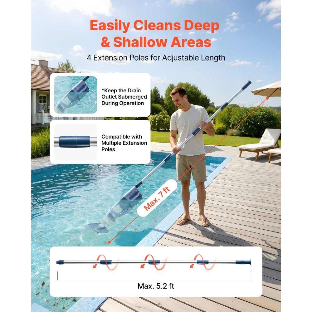 VEVOR Handheld Pool Vacuum, 26 GPM Cordless Spa Hot Tub Vacuum with Extension Pole, 60 Mins Running Time, Powerful Suction for Leaves and Debris, Rechargeable Pool Cleaner for Above Ground Pools