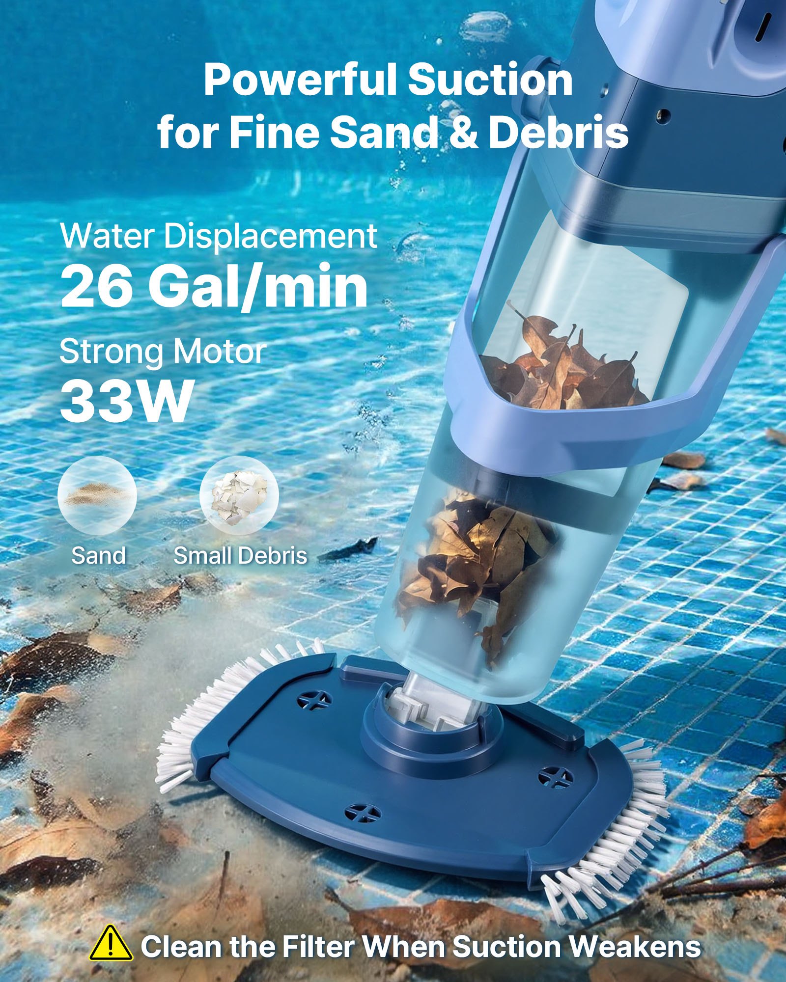 VEVOR Handheld Pool Vacuum, 26 GPM Cordless Spa Hot Tub Vacuum with Extension Pole, 60 Mins Running Time, Powerful Suction for Leaves and Debris, Rechargeable Pool Cleaner for Above Ground Pools