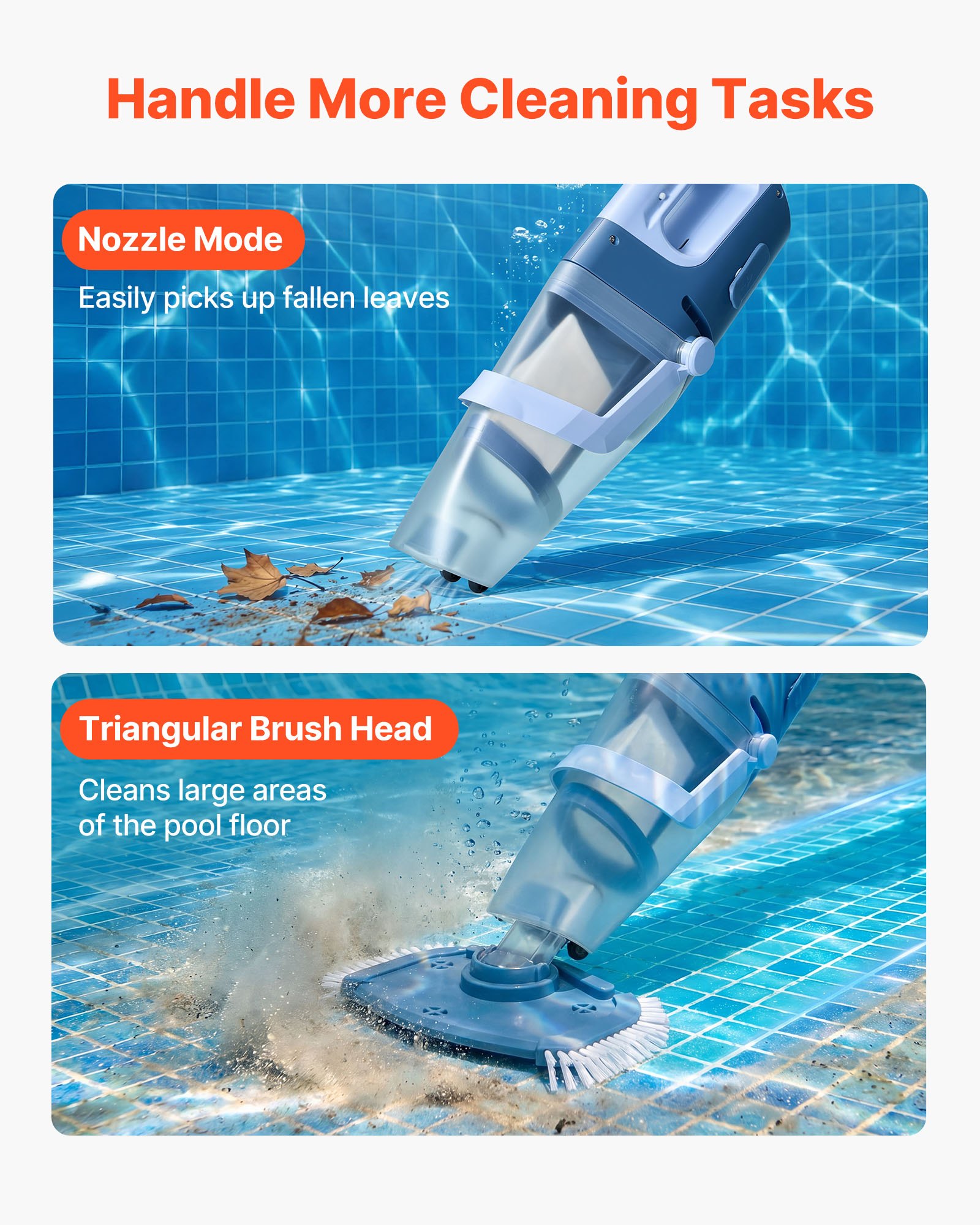 VEVOR Handheld Pool Vacuum, 26 GPM Cordless Spa Hot Tub Vacuum with Extension Pole, 60 Mins Running Time, Powerful Suction for Leaves and Debris, Rechargeable Pool Cleaner for Above Ground Pools