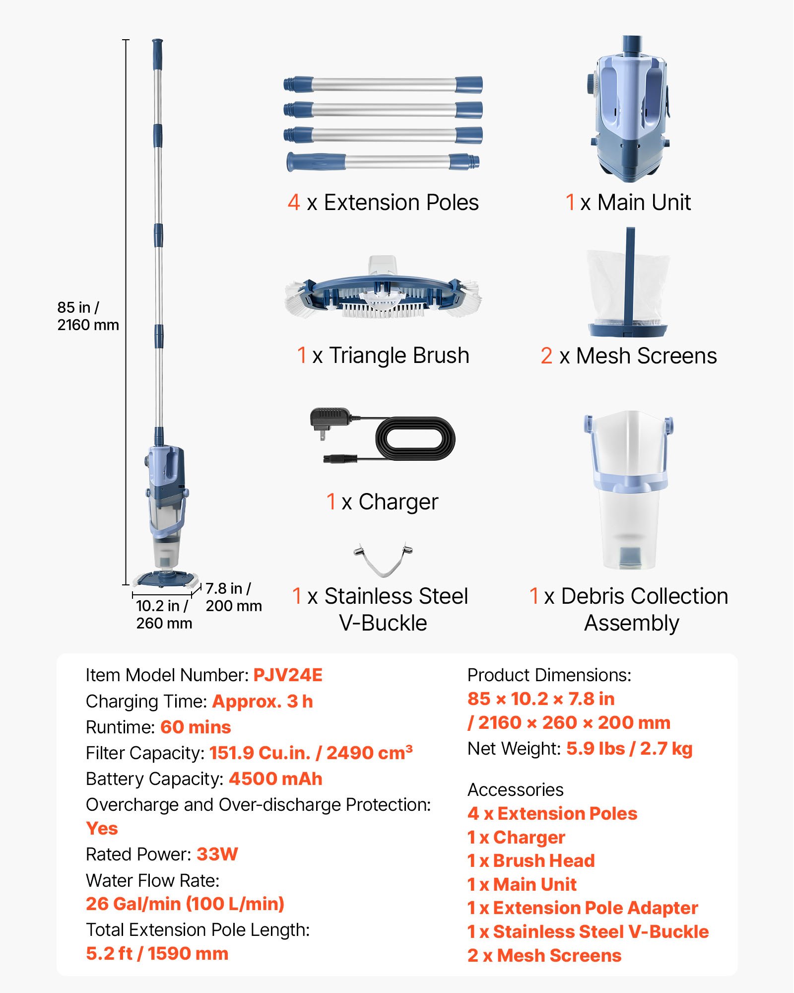 VEVOR Handheld Pool Vacuum, 26 GPM Cordless Spa Hot Tub Vacuum with Extension Pole, 60 Mins Running Time, Powerful Suction for Leaves and Debris, Rechargeable Pool Cleaner for Above Ground Pools