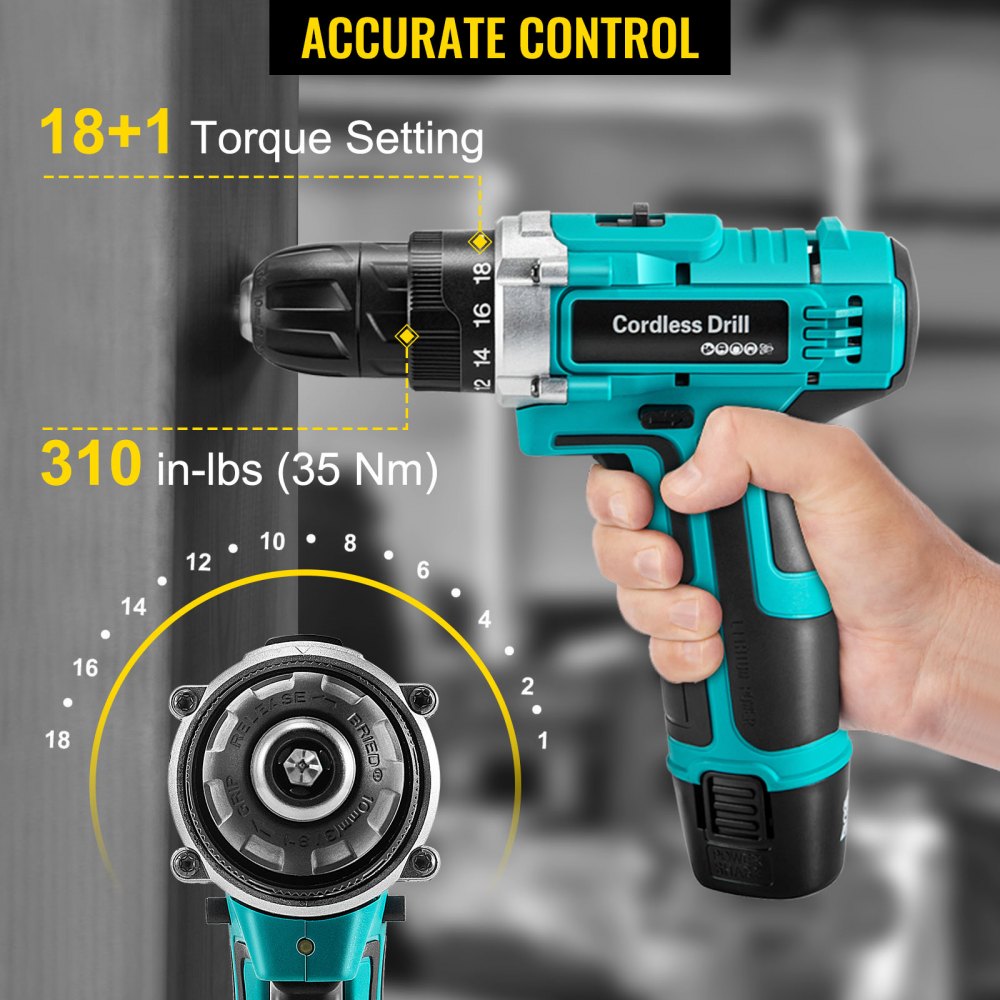 VEVOR Cordless Drill Driver, 12V Max Cordless Drill Combo Kit, 2/5" Keyless Chuck Impact Drill, Electric Screwdriver Set With 2 Speed, 18+1 Torque Cordless Drill for Home Improvement & DIY