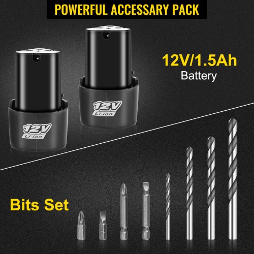 VEVOR Cordless Drill Driver, 12V Max Cordless Drill Combo Kit, 2/5" Keyless Chuck Impact Drill, Electric Screwdriver Set With 2 Speed, 18+1 Torque Brushless Cordless Drill for Home Improvement & DIY