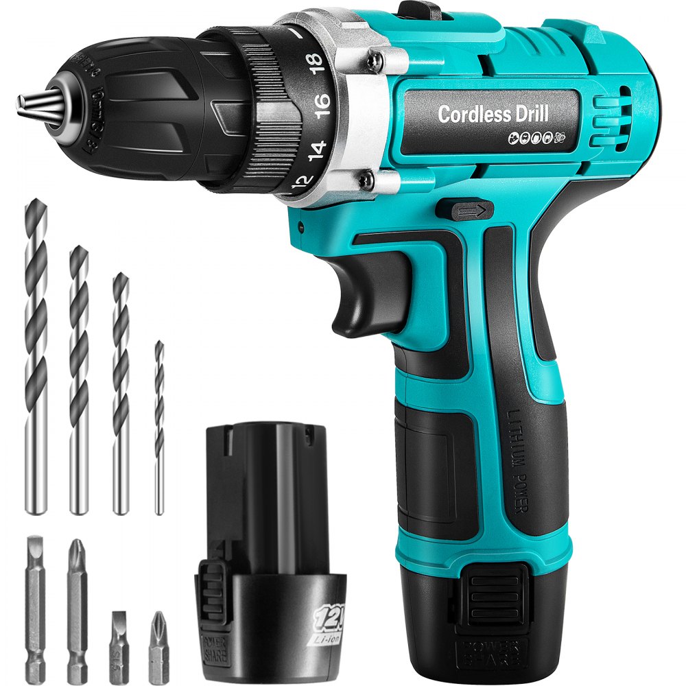 VEVOR Cordless Drill Driver, 12V Max Cordless Drill Combo Kit, 10 mm Keyless Chuck Impact Drill, Electric Screwdriver Set With 2 Speed, 18+1 Torque Brushless Cordless Drill for Home Improvement & DIY