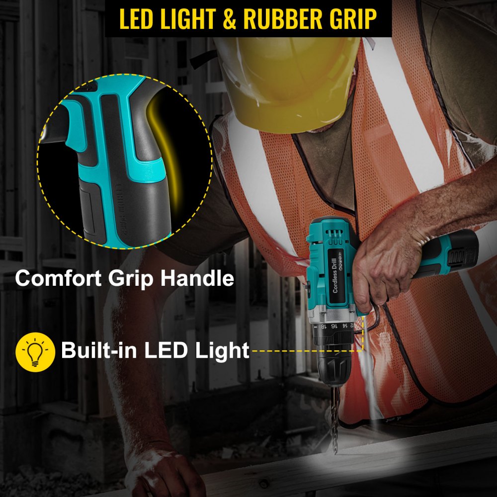 VEVOR Cordless Drill Driver, 12V Max Cordless Drill Combo Kit, 10 mm Keyless Chuck Impact Drill, Electric Screwdriver Set With 2 Speed, 18+1 Torque Brushless Cordless Drill for Home Improvement & DIY