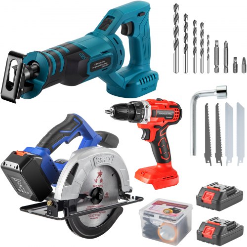 VEVOR Cordless Drill Combo Kit, Lithium-Ion Brushless 4-Pc Combo Kit, 20V Cordless Drill 2/5'', Reciprocating Saw 0-3000 SPM, 7.28" Cordless Circular Saw, Work Light, Power Tool Set for Improvement