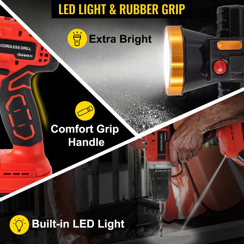 VEVOR Cordless Drill Combo Kit, Lithium-Ion Brushless 4-Pc Combo Kit, 20V Cordless Drill 2/5'', Reciprocating Saw 0-3000 SPM, 7.28" Cordless Circular Saw, Work Light, Power Tool Set for Improvement