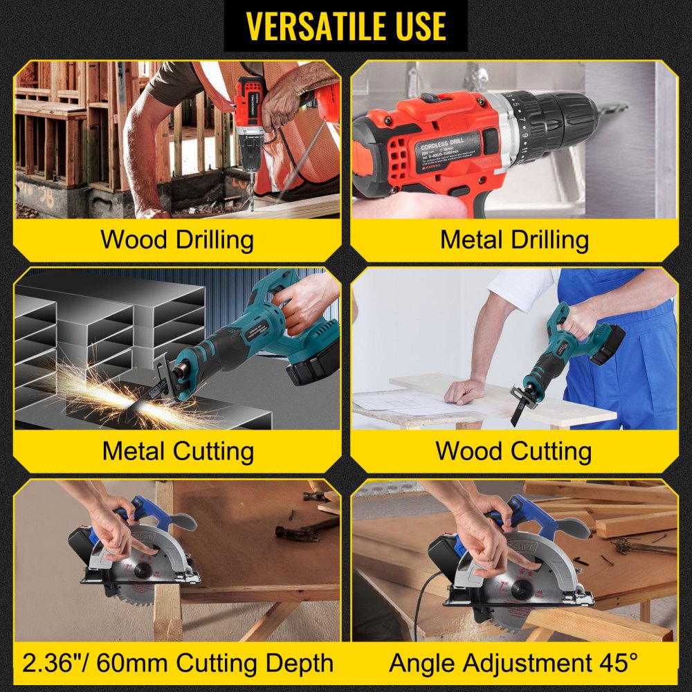 VEVOR Cordless Drill Combo Kit, Lithium-Ion Brushless 4-Pc Combo Kit, 20V Cordless Drill 2/5'', Reciprocating Saw 0-3000 SPM, 7.28" Cordless Circular Saw, Work Light, Power Tool Set for Improvement