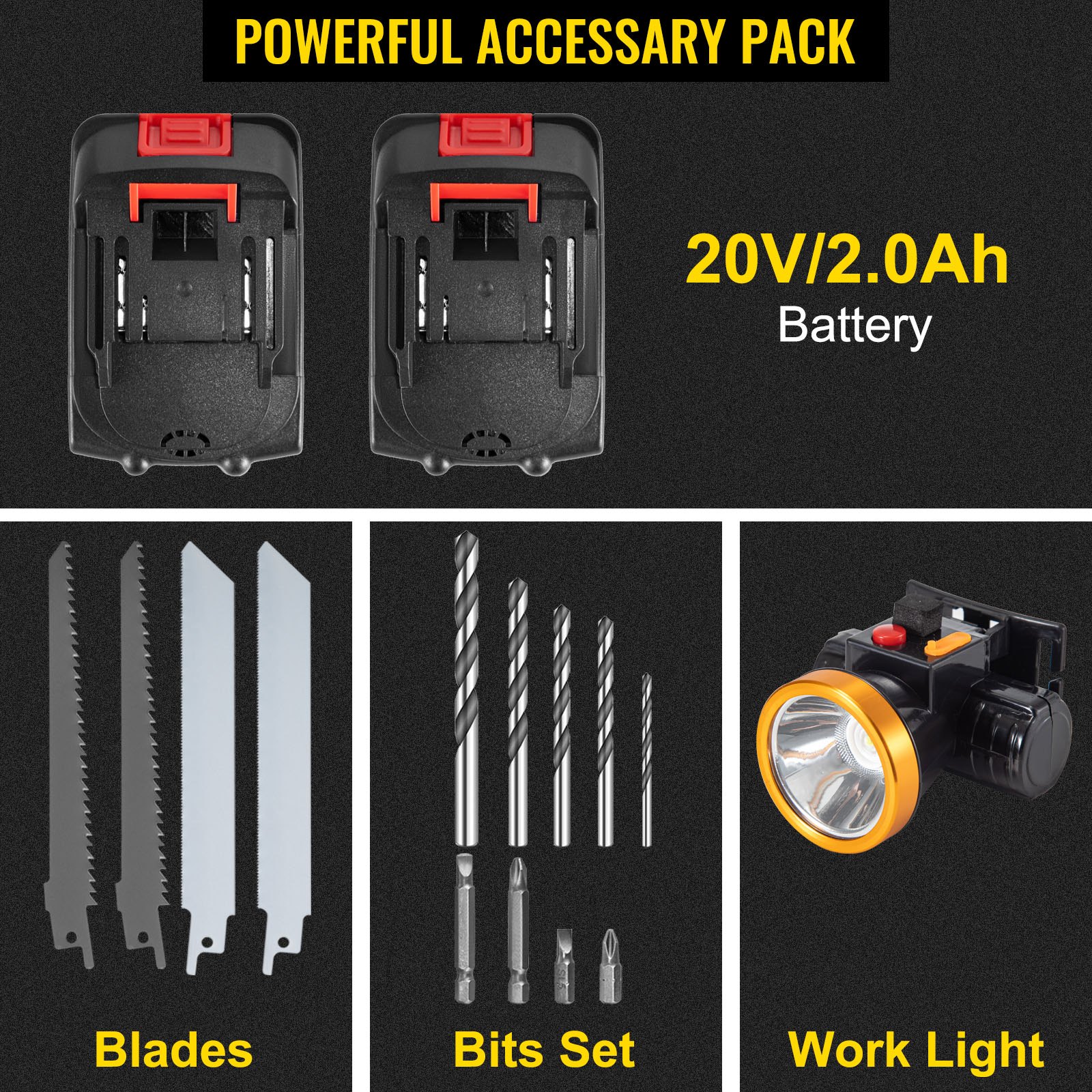VEVOR Cordless Drill Combo Kit, Lithium-Ion Brushless 4-Pc Combo Kit, 20V Cordless Drill 2/5'', Reciprocating Saw 0-3000 SPM, 7.28" Cordless Circular Saw, Work Light, Power Tool Set for Improvement