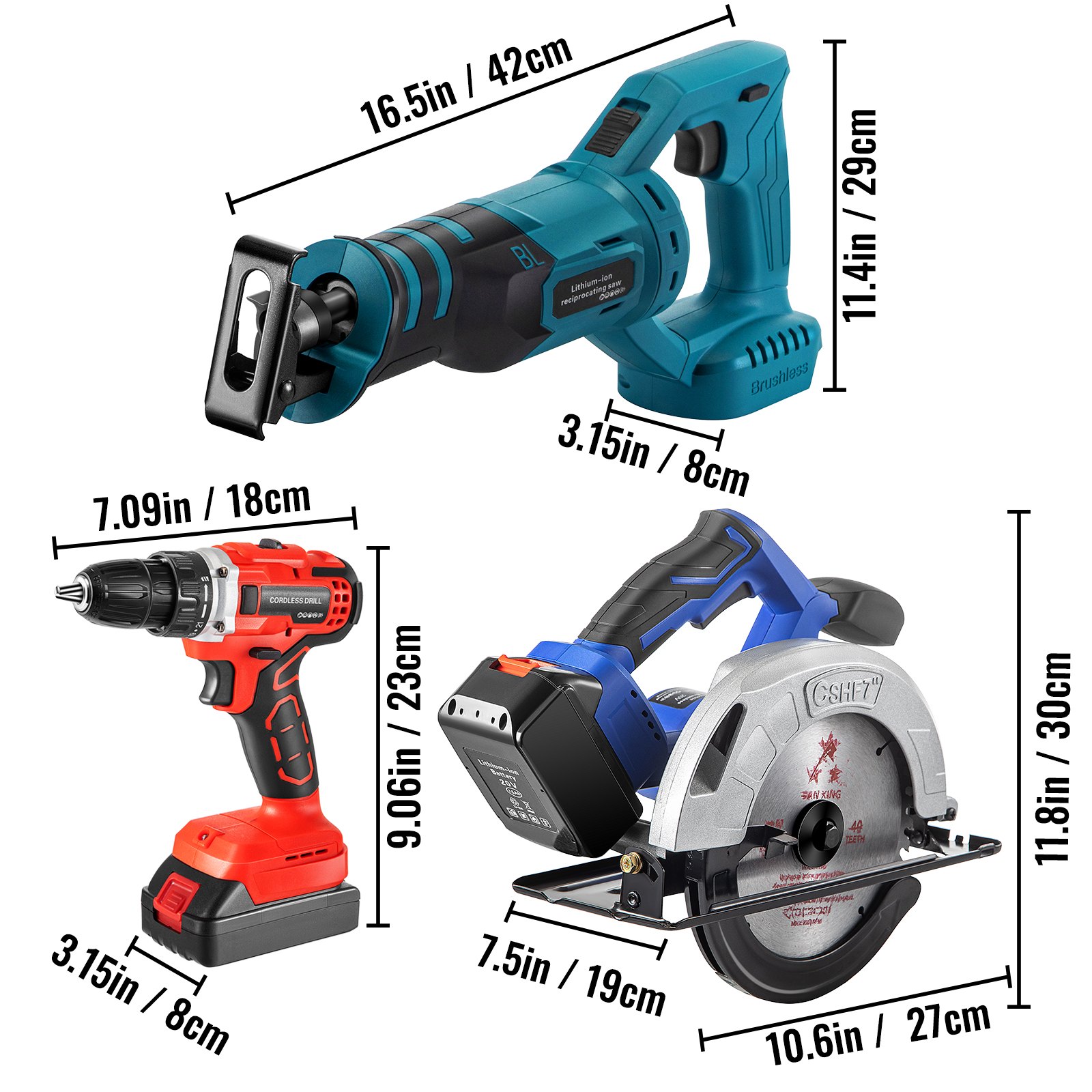 VEVOR Cordless Drill Combo Kit, Lithium-Ion Brushless 4-Pc Combo Kit, 20V Cordless Drill 2/5'', Reciprocating Saw 0-3000 SPM, 7.28" Cordless Circular Saw, Work Light, Power Tool Set for Improvement