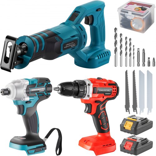 VEVOR Cordless Drill Impact Drill Reciprocating Saw Brushless Combo Kit 20V 4-Pc