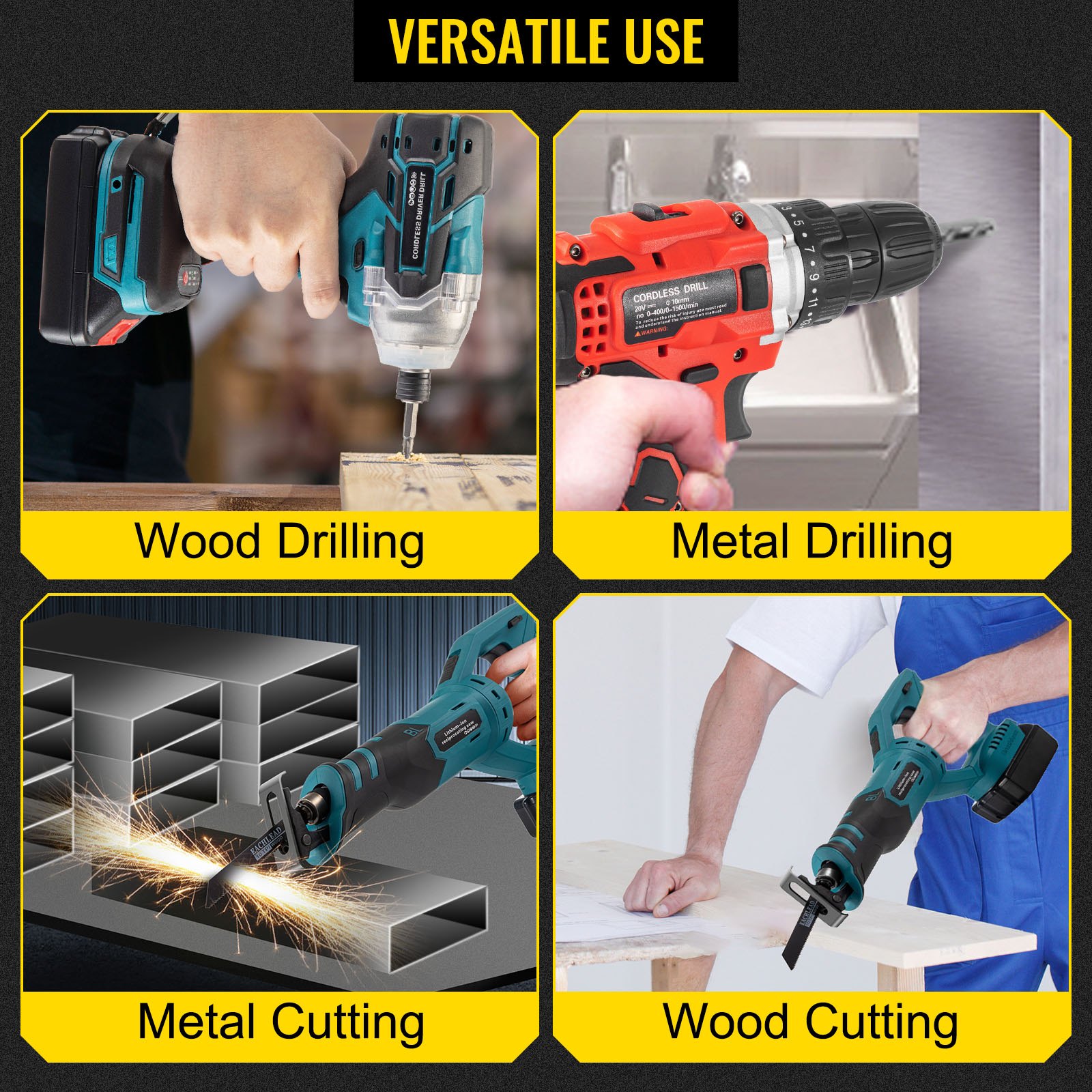 VEVOR 20V 4-Tool Combo Kit Cordless Drill Impact Driver Reciprocating Saw Light