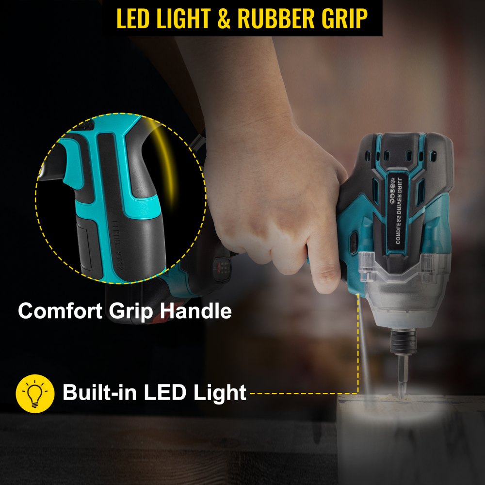 VEVOR Cordless Drill Driver, 20V Max Cordless Drill Combo Kit, 1/4" Hex Impact Drill, 0-2900 RPM Variable Speed Electric Impact Driver, 1239 in-lbs Torque Brushless Cordless Drill for Home Improvement