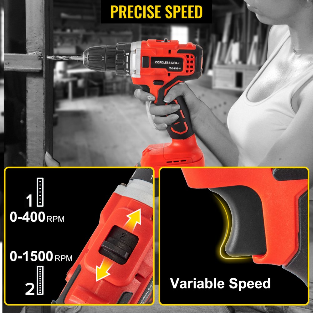 VEVOR Cordless Drill Driver, 20V 2Ah Cordless Drill Combo Kit, 2/5" Keyless Chuck Impact Drill, Electric Screwdriver Set With 2 Speed, 21+1 Torque Brushless Cordless Drill for Home Improvement & DIY