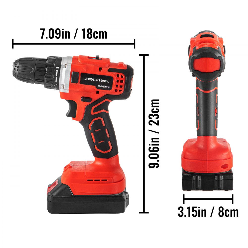 VEVOR Cordless Drill Driver, 20V 2Ah Cordless Drill Combo Kit, 2/5" Keyless Chuck Impact Drill, Electric Screwdriver Set With 2 Speed, 21+1 Torque Brushless Cordless Drill for Home Improvement & DIY