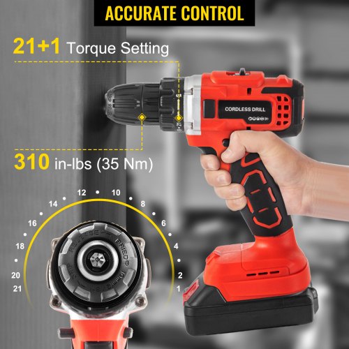 VEVOR Cordless Drill Driver, 20V 2Ah Cordless Drill Combo Kit, 2/5" Keyless Chuck Impact Drill, Electric Screwdriver Set With 2 Speed, 21+1 Torque Brushless Cordless Drill for Home Improvement & DIY