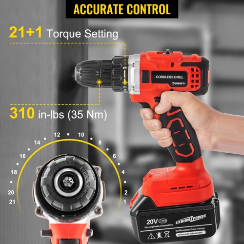 VEVOR Cordless Drill Driver, 20V 5Ah Cordless Drill Combo Kit, 2/5" Keyless Chuck Impact Drill, Electric Screwdriver Set With 2 Speed, 21+1 Torque Brushless Cordless Drill for Home Improvement & DIY