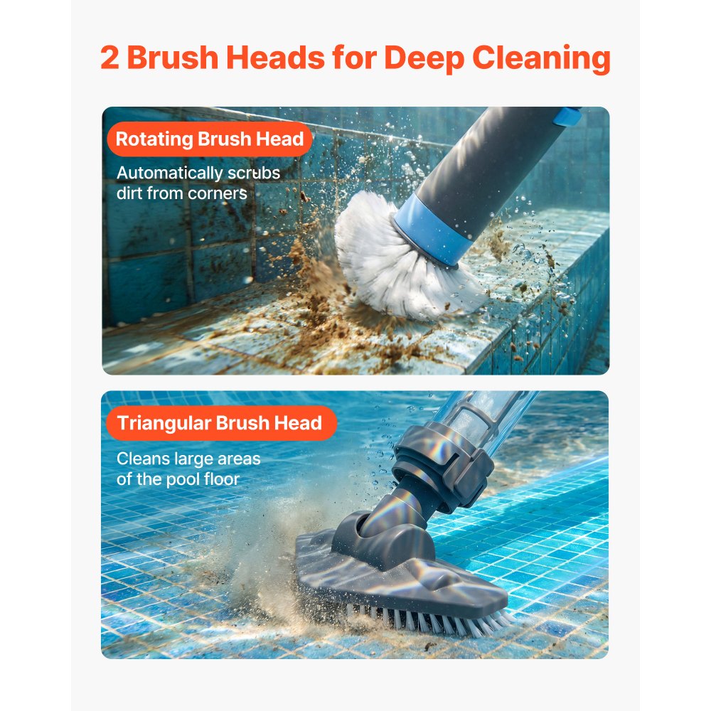 VEVOR Handheld Pool Vacuum, 32 L/min Cordless Spa Hot Tub Vacuum with Extension Pole and 2 Brush Heads, 60 Mins Running Time, for Small Debris, Sand, Rechargeable Pool Cleaner for Above Ground Pools
