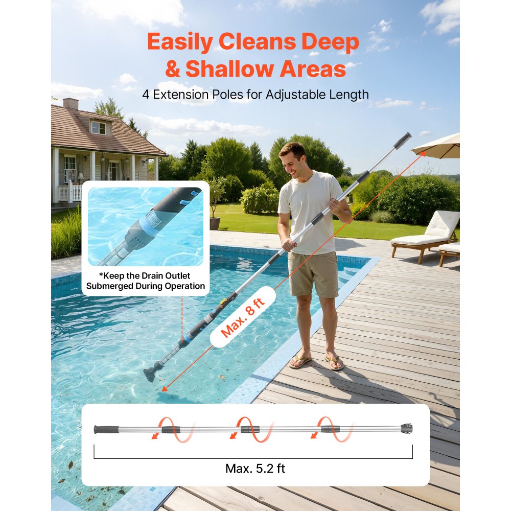VEVOR Handheld Pool Vacuum, 32 L/min Cordless Spa Hot Tub Vacuum with Extension Pole and 2 Brush Heads, 60 Mins Running Time, for Small Debris, Sand, Rechargeable Pool Cleaner for Above Ground Pools