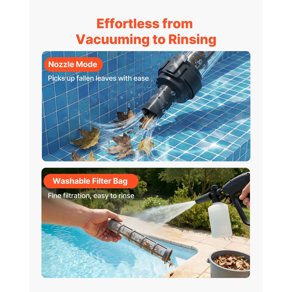 VEVOR Handheld Pool Vacuum, 32 L/min Cordless Spa Hot Tub Vacuum with Extension Pole and 2 Brush Heads, 60 Mins Running Time, for Small Debris, Sand, Rechargeable Pool Cleaner for Above Ground Pools