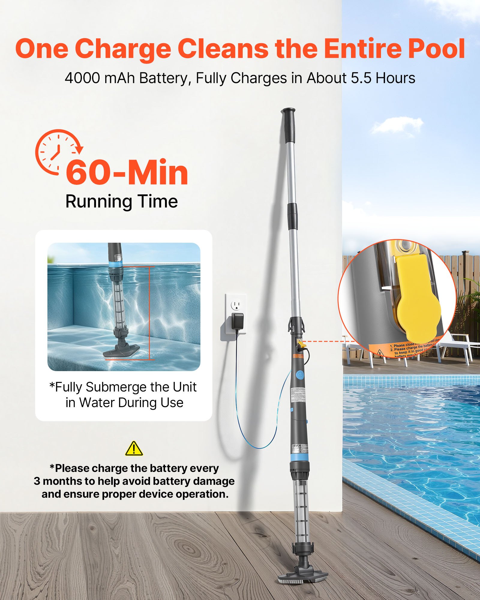 VEVOR Handheld Pool Vacuum, 32 L/min Cordless Spa Hot Tub Vacuum with Extension Pole and 2 Brush Heads, 60 Mins Running Time, for Small Debris, Sand, Rechargeable Pool Cleaner for Above Ground Pools