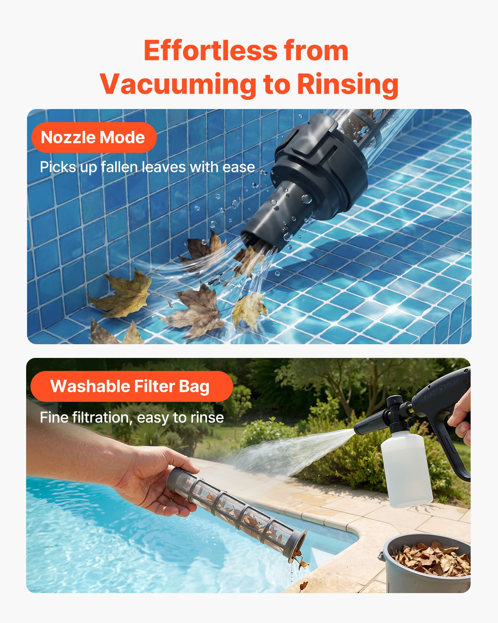 VEVOR Handheld Pool Vacuum, 32 L/min Cordless Spa Hot Tub Vacuum with Extension Pole and 2 Brush Heads, 60 Mins Running Time, for Small Debris, Sand, Rechargeable Pool Cleaner for Above Ground Pools