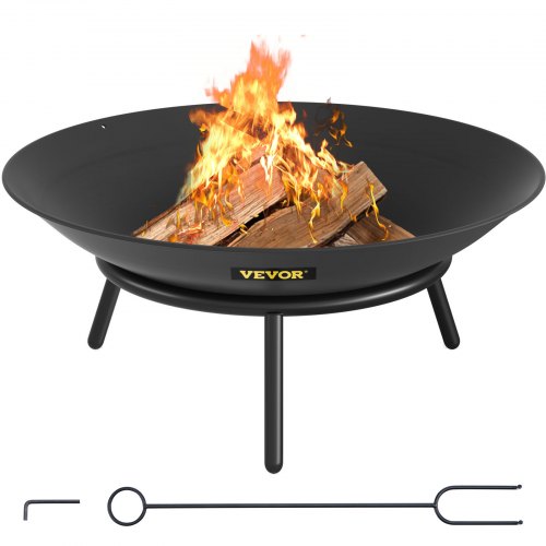 VEVOR Fire Pit Bowl, 22-Inch Deep Round Carbon Steel Fire Bowl, Wood Burning for Outdoor Patios, Backyards & Camping Uses, with A Drain Hole and A Firewood Stick, Black