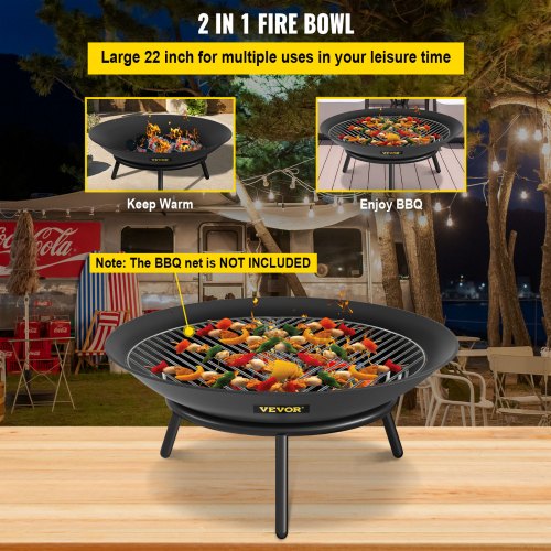 VEVOR Fire Pit Bowl, 22-Inch Diameter Round Carbon Steel Fire Bowl, Wood Burning for Outdoor Patios, Backyards & Camping Uses, with A Drain Hole and A Firewood Stick, Black