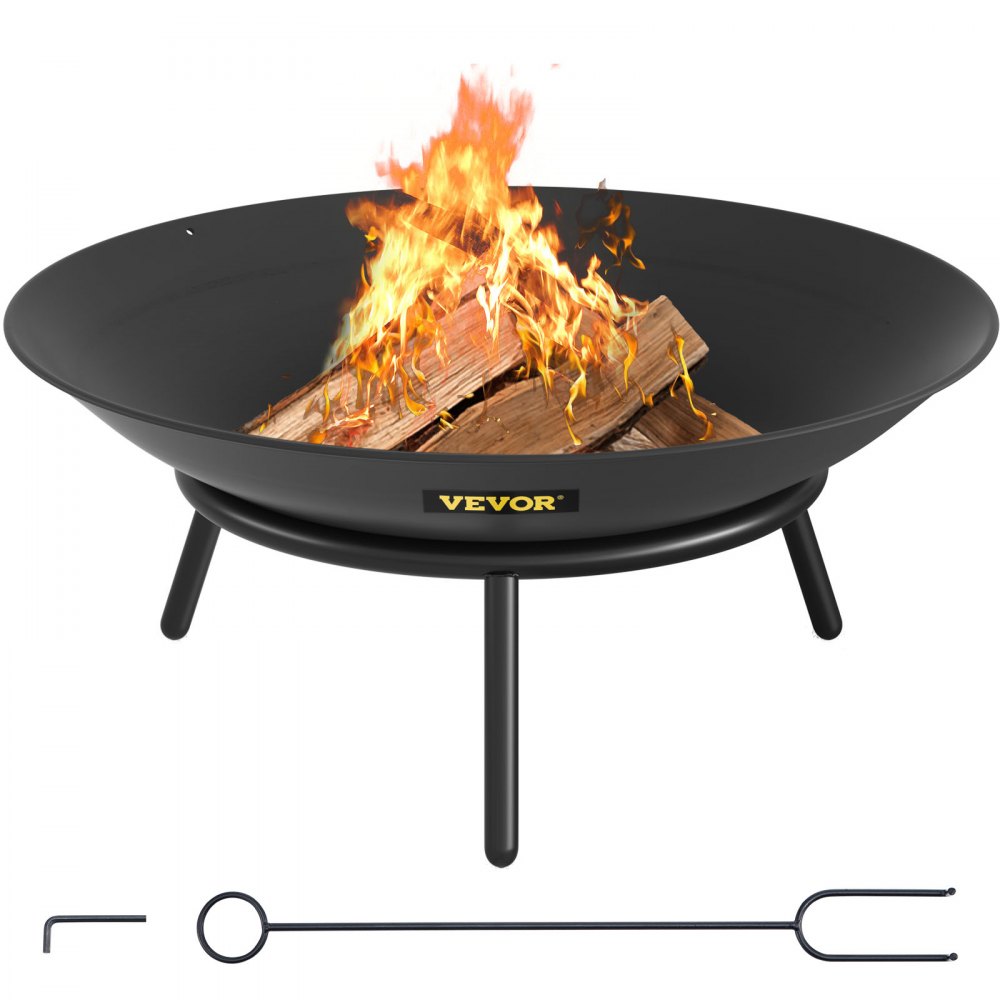 VEVOR Fire Pit Bowl, tigela de fogo redonda profunda de aço carbono de 22 polegadas, queima de madeira para pátios externos, quintais e usos de acampamento, com furo de drenagem e bastão de lenha, preto