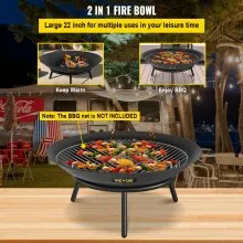 VEVOR Fire Pit Bowl, 22-Inch Deep Round Carbon Steel Fire Bowl, Wood Burning for Outdoor Patios, Backyards & Camping Uses, with A Drain Hole and A Firewood Stick, Black