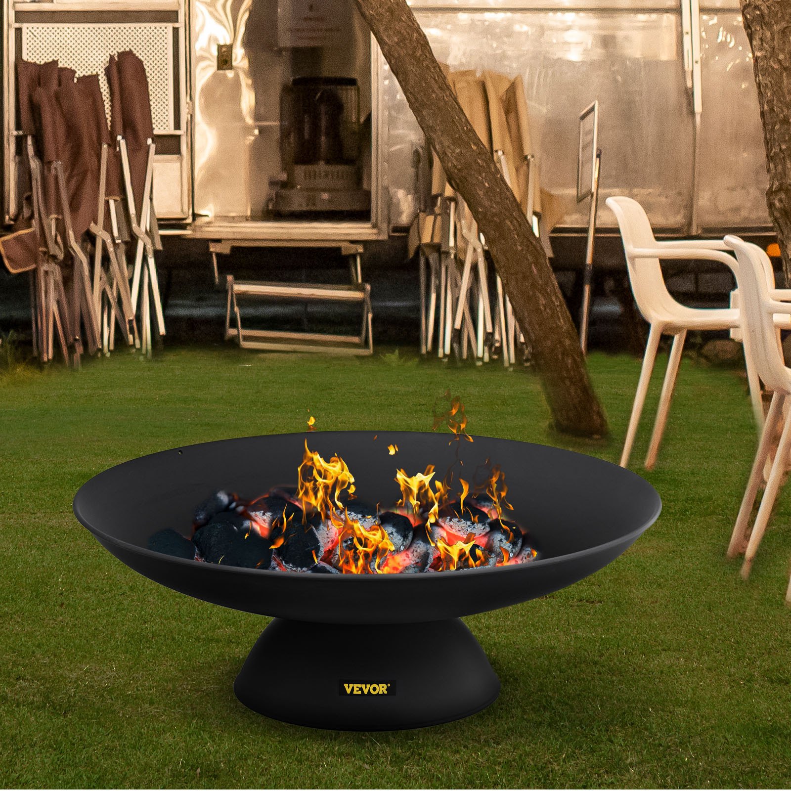 VEVOR Fire Pit Bowl, 30-Inch Deep Round Cast Iron Fire Bowl, Wood Burning for Outdoor Patios, Backyards & Camping Uses, with A Stable Bowl Designed Base and A Firewood Stick, Black
