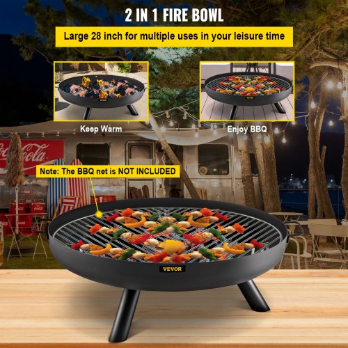 VEVOR Fire Pit Bowl, 28-Inch Diameter Round Carbon Steel Fire Bowl, Wood Burning for Outdoor Patios, Backyards & Camping Uses, with A Drain Hole, Portable Handles and A Firewood Stick, Black