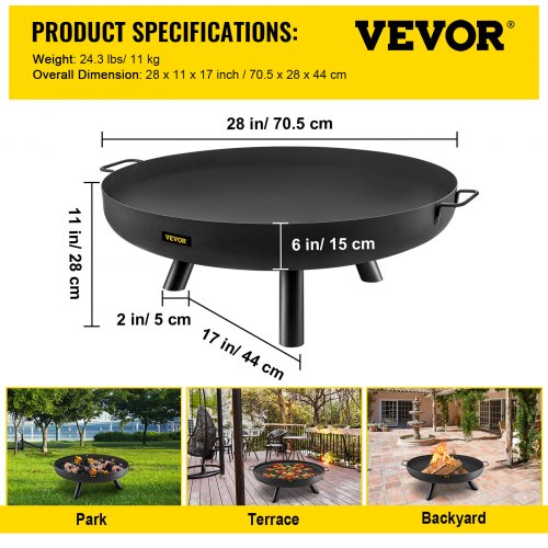 VEVOR Fire Pit Bowl, 28-Inch Diameter Round Carbon Steel Fire Bowl, Wood Burning for Outdoor Patios, Backyards & Camping Uses, with A Drain Hole, Portable Handles and A Firewood Stick, Black