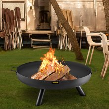 VEVOR Fire Pit Bowl, 28-Inch Deep Round Carbon Steel Fire Bowl, Wood Burning for Outdoor Patios, Backyards & Camping Uses, with A Drain Hole, Portable Handles and A Firewood Stick, Black