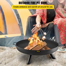 VEVOR Fire Pit Bowl, tigela de fogo redonda profunda de aço carbono de 30 polegadas, queima de madeira para pátios externos, quintais e usos de acampamento, com furo de drenagem, alças portáteis e um bastão de lenha, preto