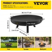 VEVOR Fire Pit Bowl, 30-Inch Deep Round Carbon Steel Fire Bowl, Wood Burning for Outdoor Patios, Backyards & Camping Uses, with A Drain Hole, Portable Handles and A Firewood Stick, Black
