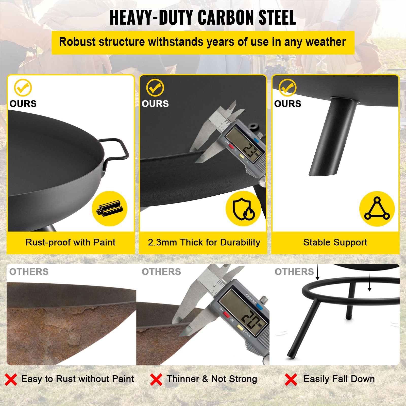 VEVOR fire pit bowl: rust-proof, 2.3mm thick, stable support vs thinner, rust-prone competitors.