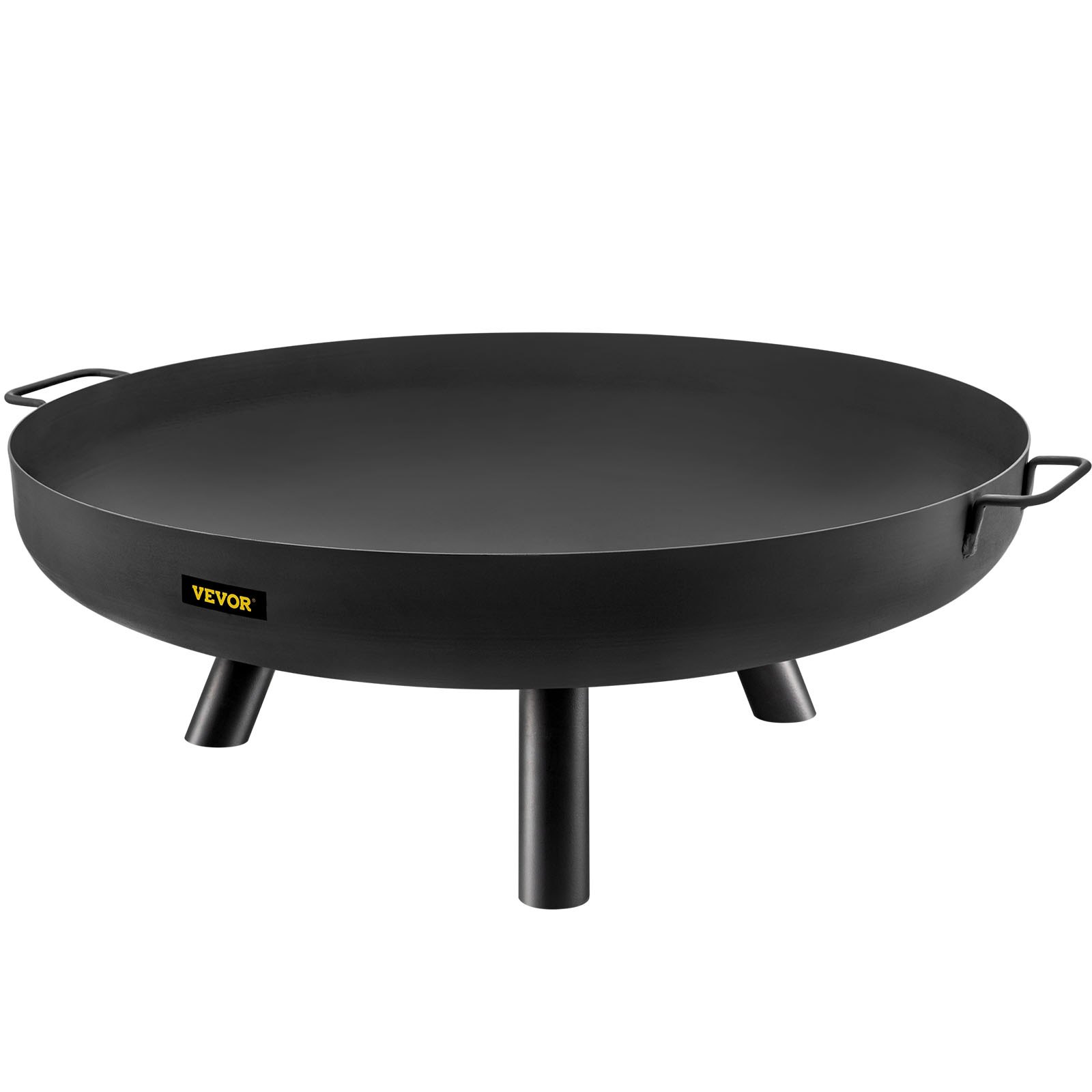 black VEVOR fire pit bowl with handles and three sturdy legs.