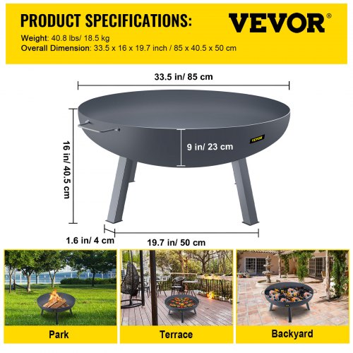 VEVOR Fire Pit Bowl, 34-Inch Diameter Round Carbon Steel Fire Bowl, Wood Burning for Outdoor Patios, Backyards & Camping Uses, with A Drain Hole, Portable Handles and A Firewood Stick, Black