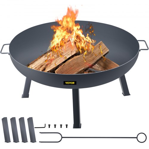 VEVOR Fire Pit Bowl, 34-Inch Deep Round Carbon Steel Fire Bowl, Wood Burning for Outdoor Patios, Backyards & Camping Uses, with A Drain Hole, Portable Handles and A Firewood Stick, Black