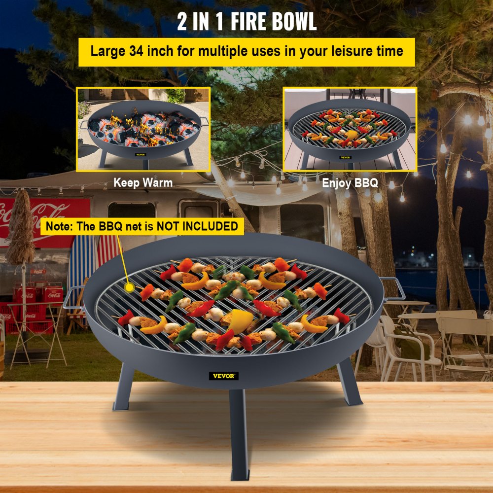 VEVOR fire pit bowl, 34-inch, used for keeping warm and bbq, note bbq net not included.