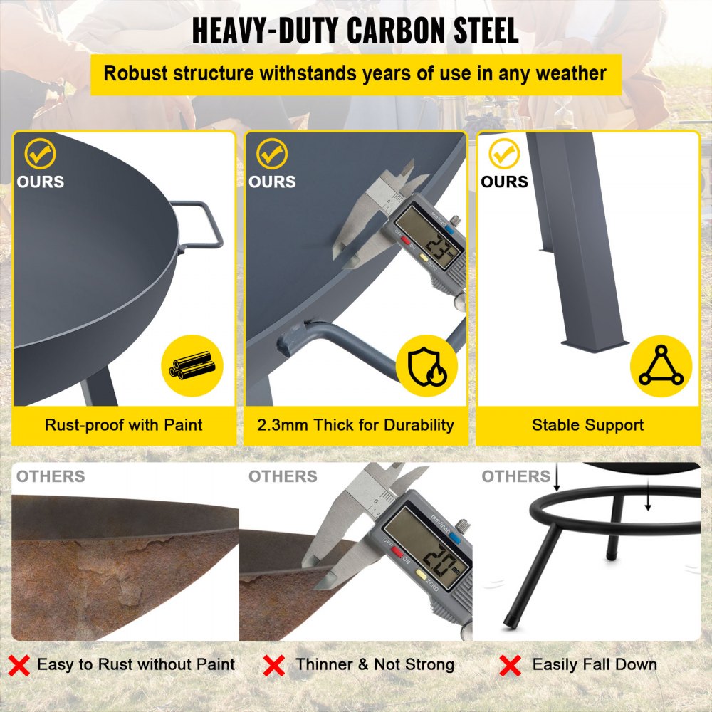 heavy-duty carbon steel VEVOR fire pit bowl, rust-proof paint, 2.3mm thickness, stable support.
