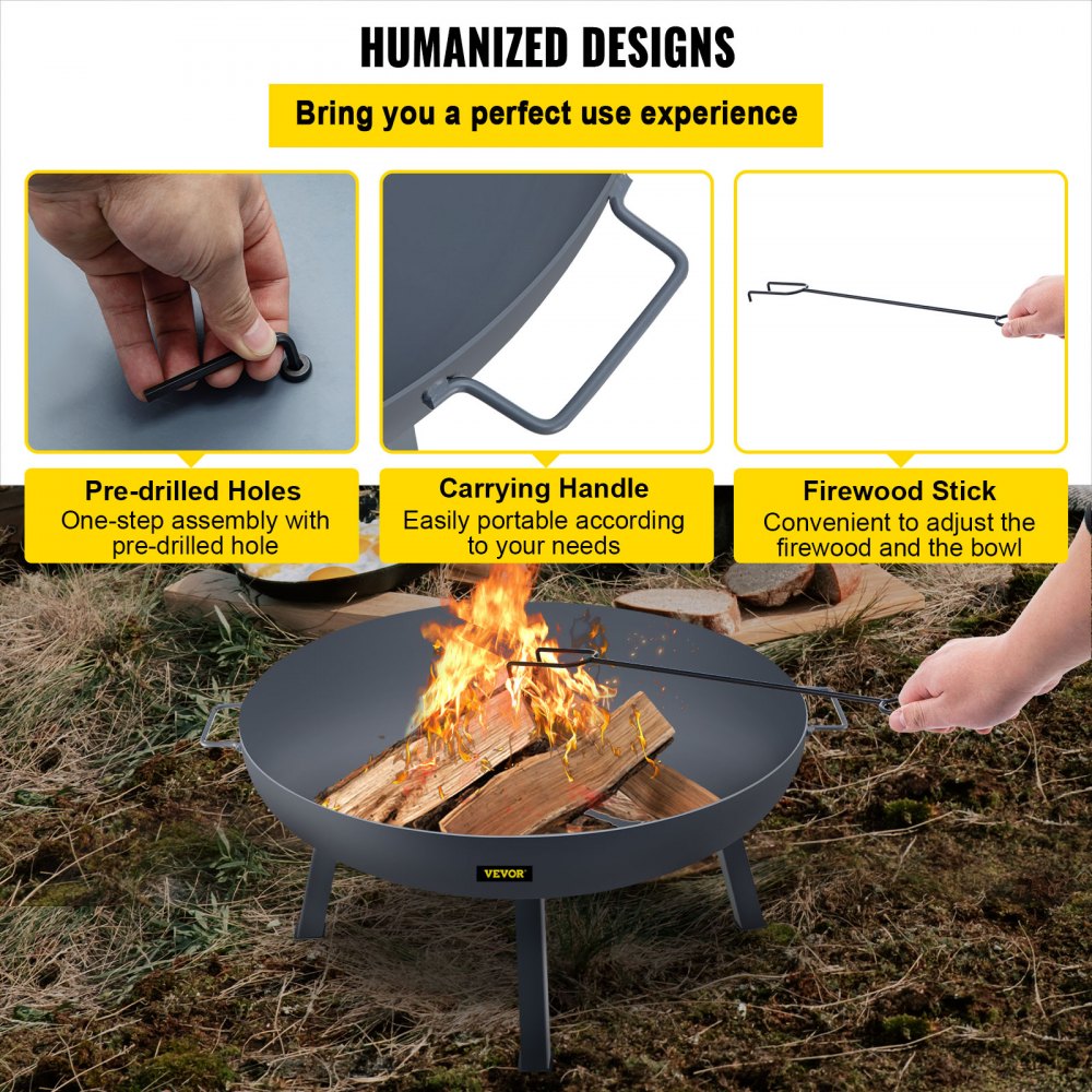 VEVOR fire pit bowl with pre-drilled holes, carrying handle, and firewood stick.
