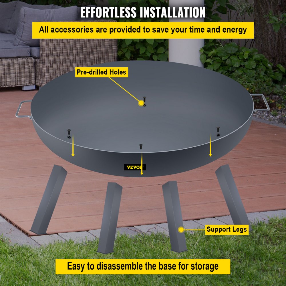 VEVOR fire pit bowl with legs, pre-drilled holes, and simple disassembly for storage.